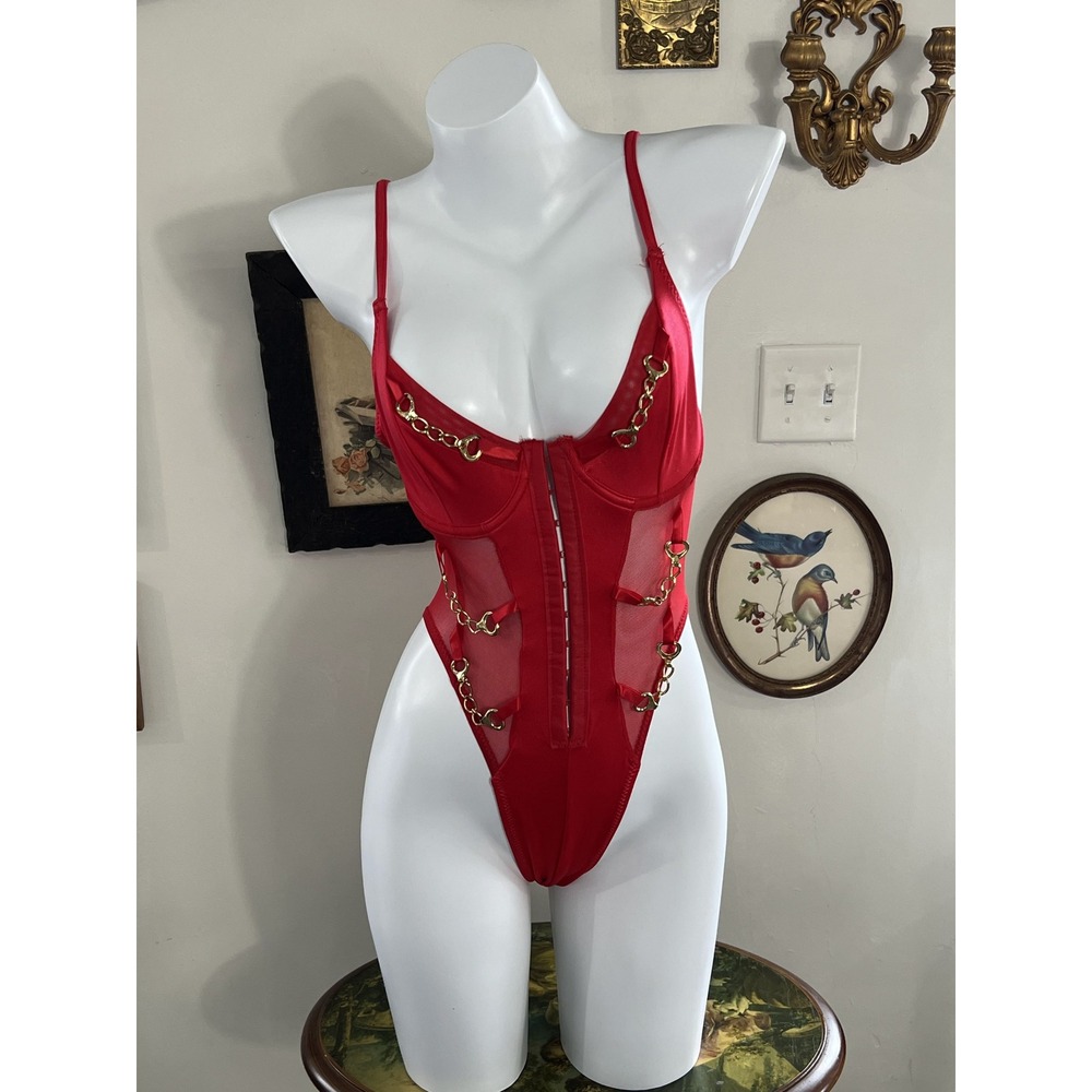 Shirley Swim Red Gold Chain Underwire Mesh One-Piece Swimsuit Bodysuit Size M